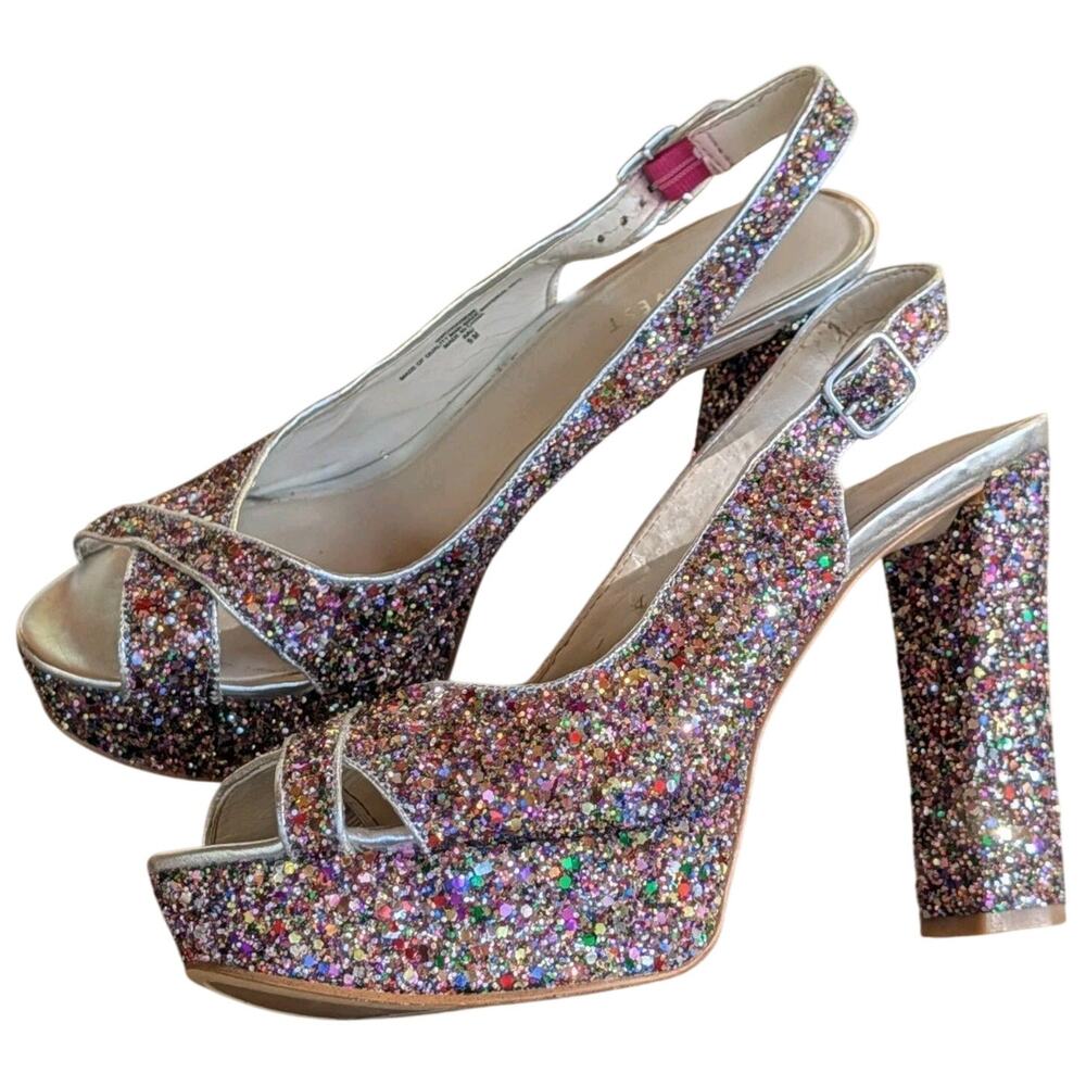 Nine West Rainbow Glitter Sling Back Block Heels Peep Toe Size 9 NWCHOOSEME